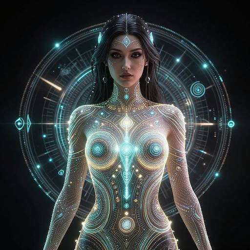 Digital artwork of a glowing, futuristic, dark-haired woman with illuminated, neon-patterned body, large breasts, and intricate, sci-fi clock-like background