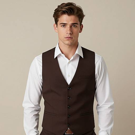 Photograph of a young, handsome man with short brown hair, wearing a white dress shirt and black vest, standing against a plain white background.