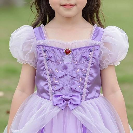 Photograph of a young girl with light skin wearing a lavender, Victorian-style, puffy-sleeve dress with intricate embroidery and a red gemstone