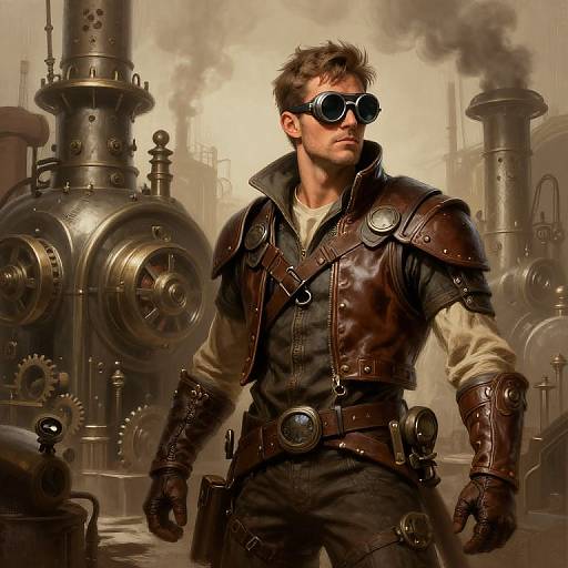 Digital painting of a muscular man in brown leather armor, black gloves, and goggles, standing in a steampunk industrial setting with large metallic pipes and