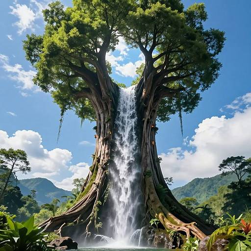 Majestic Tree with Upward Waterfall Portal