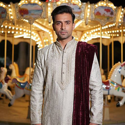 Photograph of a handsome South Asian man with short black hair, wearing a silver embroidered kurta and maroon velvet dhoti, standing in front