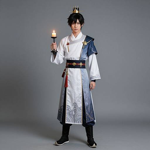 Photograph of an Asian man in traditional royal attire, holding a lit candle, wearing a crown, white and blue robe, black pants, and black