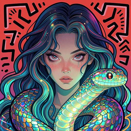 Digital artwork of a fair-skinned woman with long, wavy blue-black hair, large pink eyes, and a glowing, colorful snake coiling around