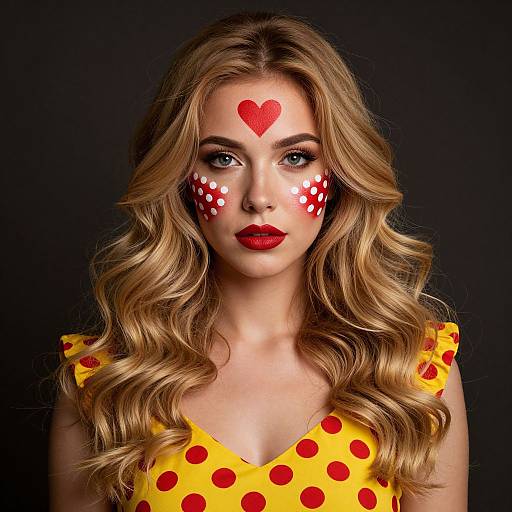 Photograph of a blonde woman with curled hair, red lipstick, yellow polka dot dress, and face paint with heart and dot patterns, against a
