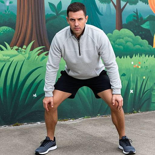 Photograph of a muscular, fair-skinned man with short brown hair, wearing a white zip-up hoodie, black shorts, and blue sneakers, squat