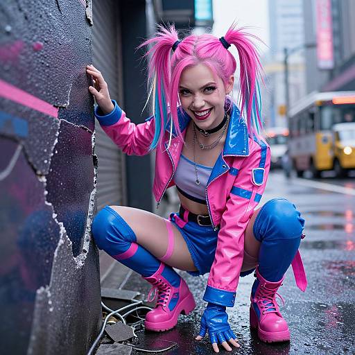 Photograph of a young woman with bright pink hair in pigtails, wearing a pink and blue neon outfit, crouching in a wet urban