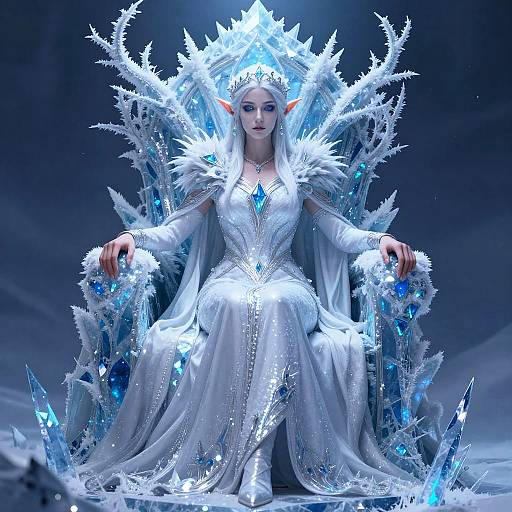 Digital artwork of an ethereal, white-haired, elf-like woman in a sparkling, ice-encrusted, blue-embered gown, seated