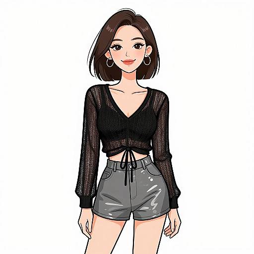 Digital anime-style drawing of a smiling, dark-haired woman with hoop earrings, wearing a black mesh crop top and gray high-waisted shorts.