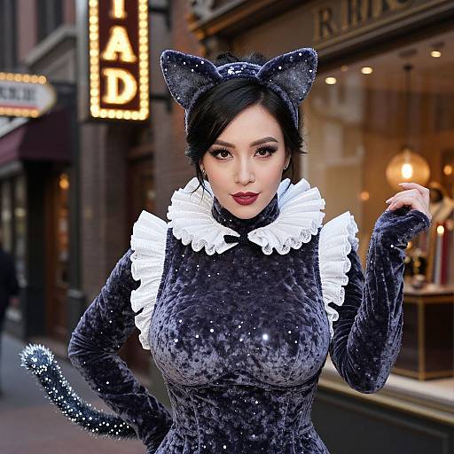 Photorealistic digital image of an attractive Asian woman with black cat ears, a sparkling black velvet dress, white ruffled collar, and tail, posing