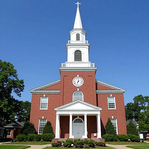 Photograph of a red-brick church with white trim, tall steeple, clock above entrance, and lush green lawn under clear blue sky.