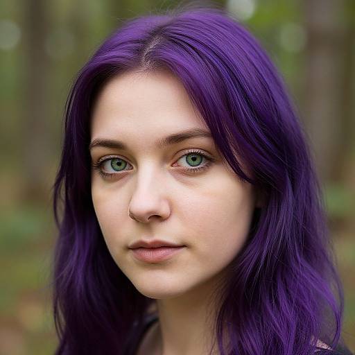 Photograph of a young woman with vibrant purple hair, green eyes, fair skin, and a neutral expression, set against a blurred forest background.