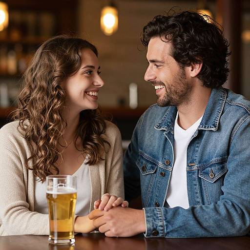 Photograph of smiling couple with curly brown-haired woman in white cardigan and bearded man in denim jacket, holding hands at bar. Glass of beer