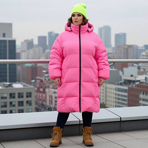 Photograph of a plus-sized woman in a bright pink puffer coat, neon green beanie, black leggings, and tan boots, standing on a
