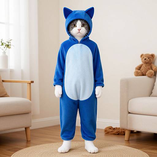 Photograph of a white cat wearing a blue cat onesie with ears and a light blue chest patch, standing in a bright, modern living room with