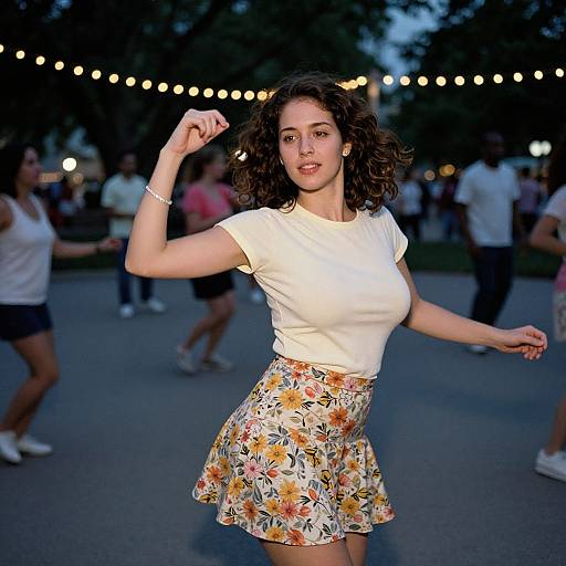 Photograph of a curly-haired woman in a white top and yellow floral skirt, dancing outdoors at dusk, with string lights in the background.