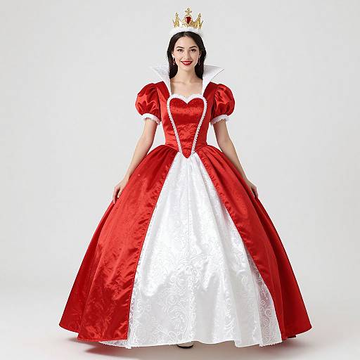 Photograph of a fair-skinned woman with black hair wearing a red and white ball gown with puffed sleeves and a golden crown, standing against a