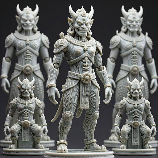 Photograph of detailed, white, 3D-rendered, miniature warrior statues with horned helmets, intricate armor, and sashes, standing and