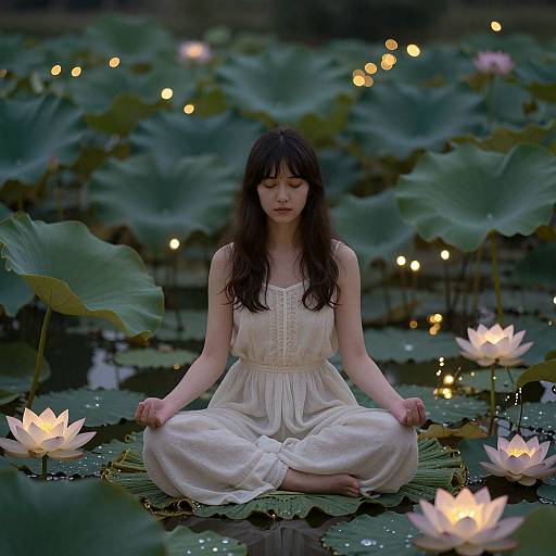 Young Woman Meditating on Lotus Leaf at Night