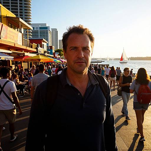 Photograph of a middle-aged man with short, spiky brown hair, wearing a dark shirt, standing on a sunlit, busy beachside prom