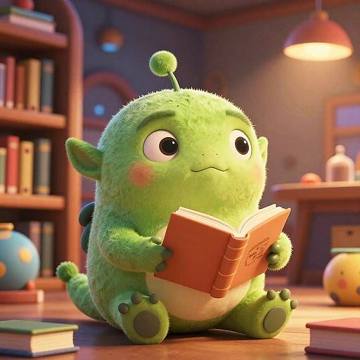 Cute, green, fuzzy alien with antennae reading a red book in a warm, cozy library with wooden shelves and soft lighting. Digital CGI art
