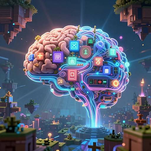 Digital artwork: Glowing, futuristic tree with illuminated, neon-colored icons and wires, set against a vibrant, sci-fi cityscape at night.