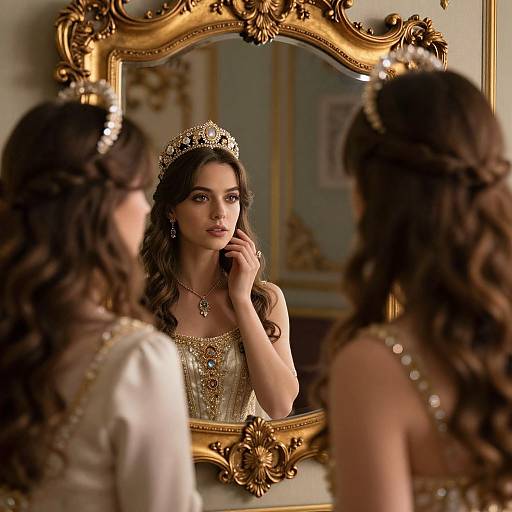 Photograph of a brunette woman with wavy hair, wearing a gold tiara and ornate, strapless gown, gazing at herself in an
