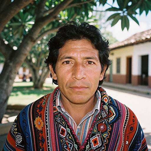 Photograph of a middle-aged Hispanic man with curly black hair, wearing a vibrant, patterned shirt, standing outdoors under a tree.