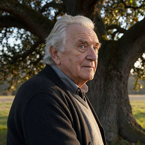 Photograph of an elderly white man with white hair, wearing a dark sweater and gray shirt, standing outdoors in front of a large tree, looking thought