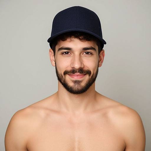 Photograph of a shirtless young man with light olive skin, dark brown eyes, short black beard, and curly hair, wearing a black baseball cap