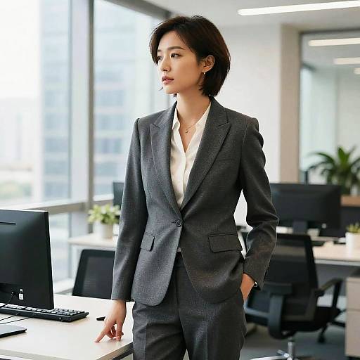 Photograph of an Asian woman with short black hair, wearing a gray suit and white shirt, standing in a bright, modern office with large windows and