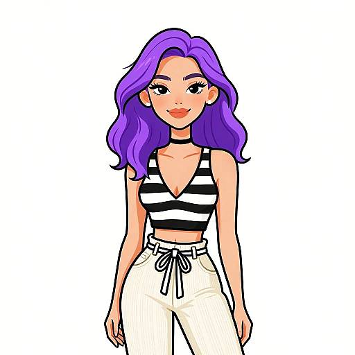 Digital drawing of a smiling woman with purple hair, wearing a black-and-white striped crop top and white high-waisted pants.