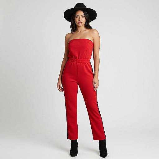 Photograph of a woman with medium-dark skin tone, wearing a strapless red jumpsuit, black wide-brimmed hat, and black ankle boots