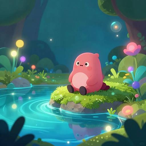 Whimsical digital illustration of a pink, chubby, cute creature with a round belly sitting on a grassy island in a glowing, magical forest pond