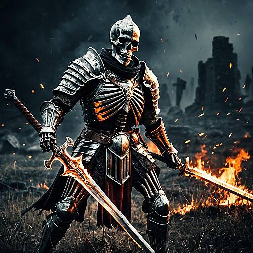 Skeleton Knight with Fiery Sword on Ancient Battlefield