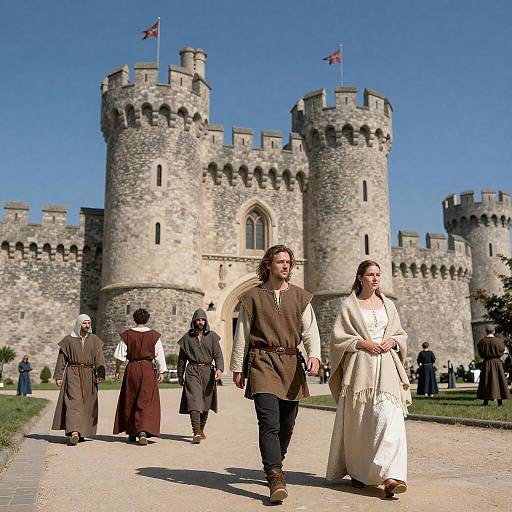 Medieval Castle Courtyard with Walking Couple