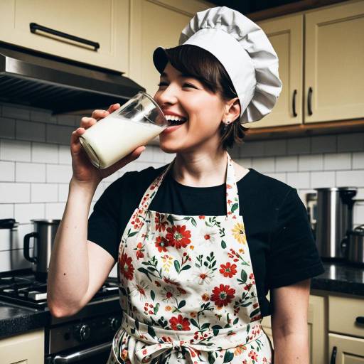 Cheerful baker drinking milk in kitchen