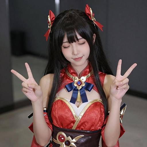 Asian Woman in Red Gold Cosplay