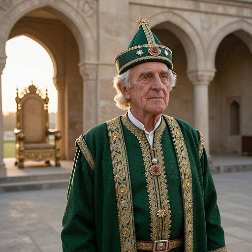 Elderly man in ornate green and gold traditional robes and hat stands in a sunlit, arched stone courtyard. Photograph.
