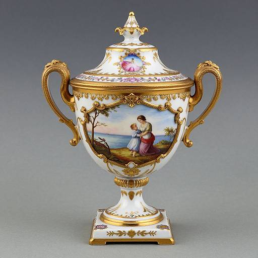 Ornate porcelain vase with gold accents, intricate floral and landscape painting, depicting a woman in a pink dress by the sea, against a gradient gray