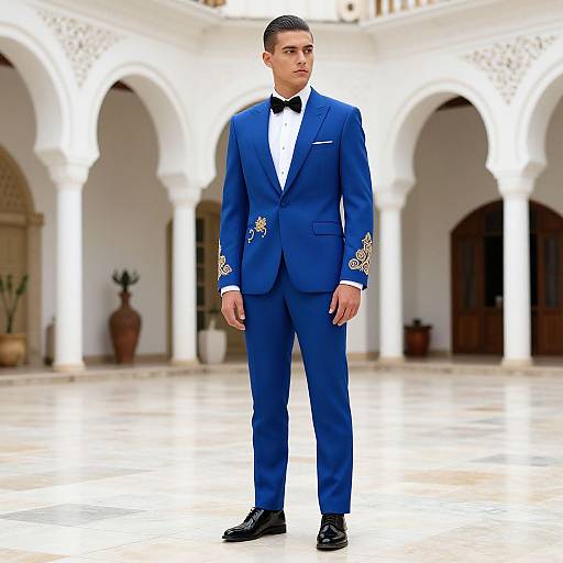 Photograph of a handsome young man in a blue tuxedo with gold embroidery, black bow tie, and black shoes, standing in a white,