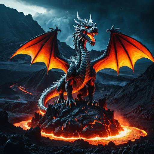 Epic Fiery Dragon Statue in Volcanic Landscape Epic Fiery Dragon Statue in Volcanic Landscape