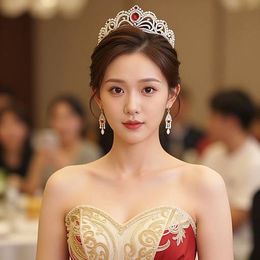 Photograph of an elegant Asian woman with fair skin, wearing a gold and red lace strapless gown, silver tiara, and matching earrings, standing