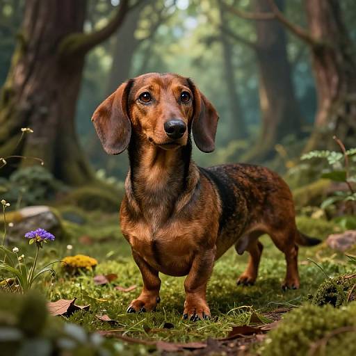 Photorealistic digital art of a brown dachshund with black spots standing in a lush, sunlit forest, surrounded by green moss, wild