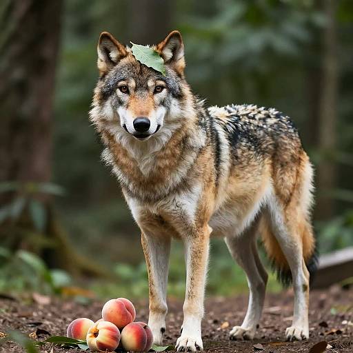 Gray Wolf Standing with Leaf on Head and Peaches