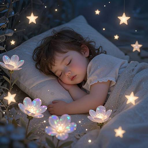Photograph of a sleeping baby with curly brown hair, in a white lace dress, surrounded by glowing star-shaped lights and flowers.