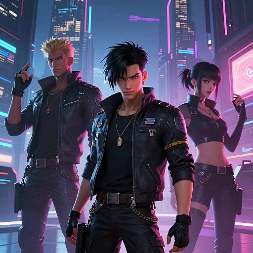 Digital artwork of three cyberpunk characters with neon-lit cityscape background. Front man with black jacket and spiked hair, flanked by blonde man and