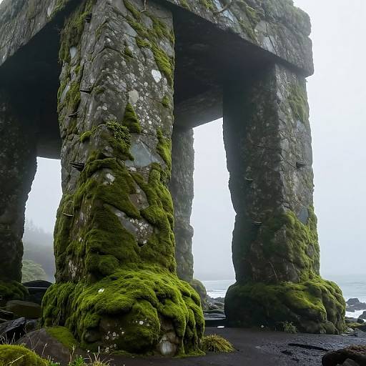 Photograph of moss-covered, weathered rock pillars standing tall against a misty, overcast sky, with dark, wet, rocky ground below.