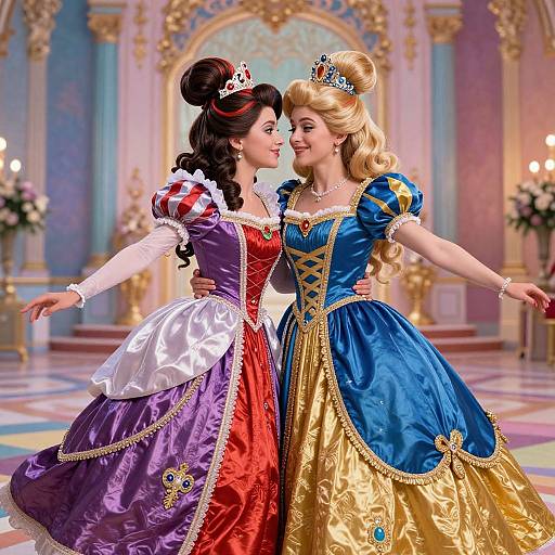Digital art of two smiling, fair-skinned princesses in ornate gowns—one in purple and red, the other in blue and gold—d