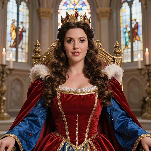 Photograph of a fair-skinned woman with long brown curls, wearing a red velvet and blue satin gown with fur trim, gold crown, and reg